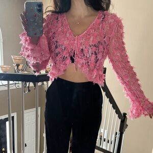 Pink bell sleeve flare metallic bling top blouse crop tie front Valentines Day